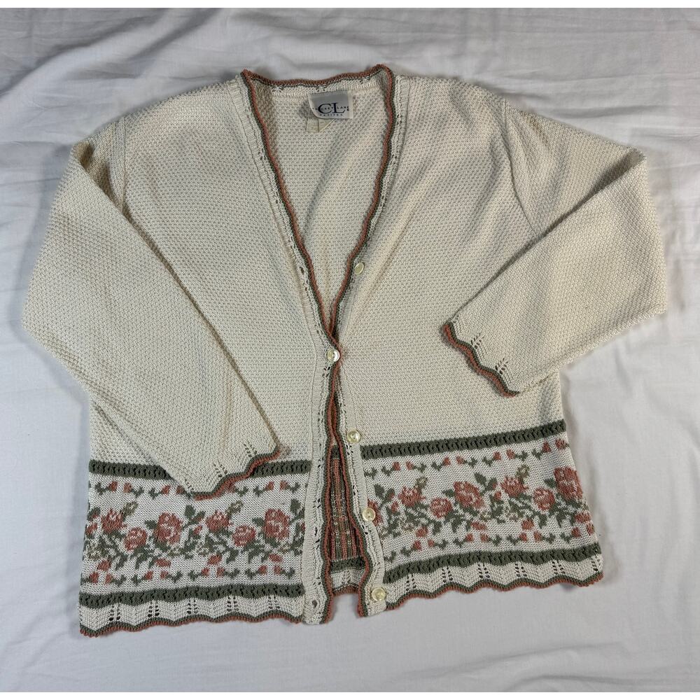 Vintage Cricket Lane Petite M Floral Knit Cardigan Cottagecore Pearl Buttons - Picture 2 of 10